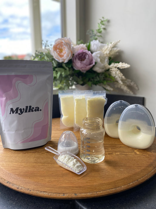 Image showcasing all the steps of Mylka - breast pumps, frozen breastmilk, Mylka multi-serve pouch and a baby bottle with scoop of powder in front. 