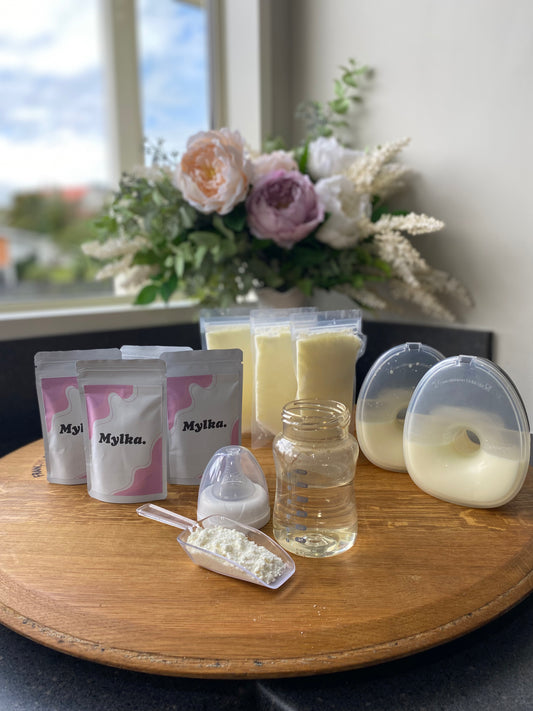 Image showcasing all the steps of Mylka - breast pumps, frozen breastmilk, Mylka single-serve pouch and a baby bottle with scoop of powder in front. 